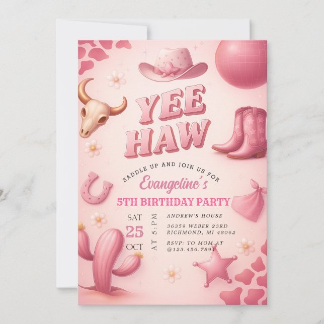 Personal Pink Yee Haw Cowgirl Birthday Party  Invitation (Front)