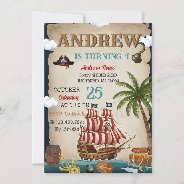 Personal Pirate Birthday Party Invitation Card (Front)