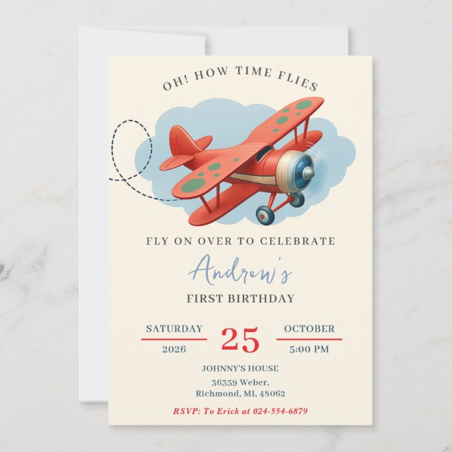 Personal red Airplane 1st Birthday party Invitation (Front)