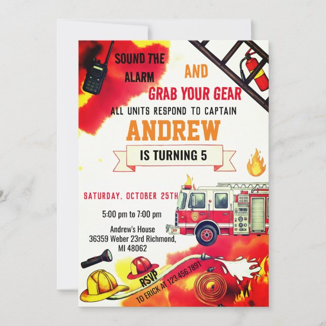 Personal Red Fire Truck Birthday Party Invitations (Front)