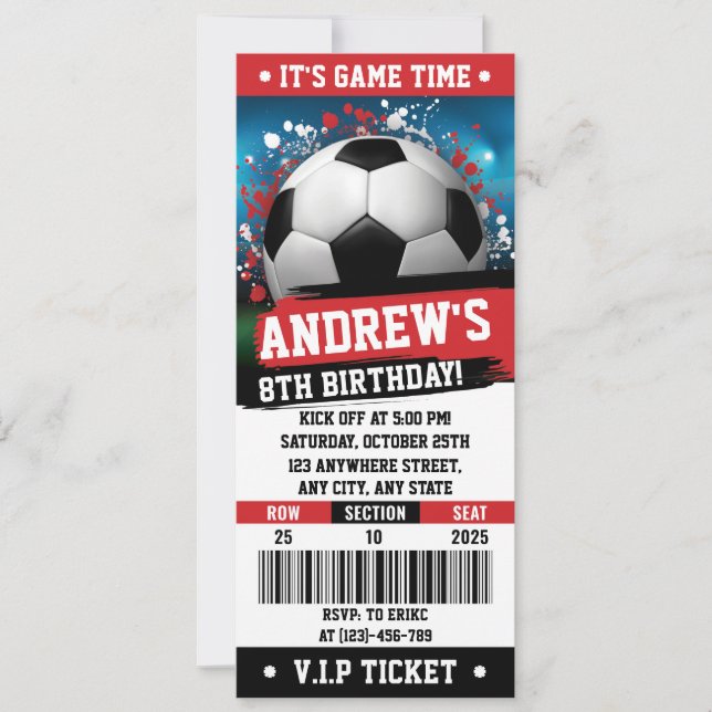 Personal Red theme Soccer Ticket Birthday Invitation (Front)