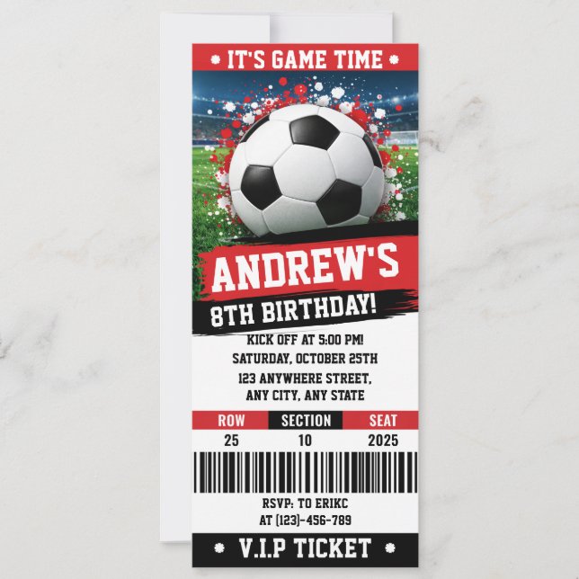 Personal Red theme Soccer Ticket Birthday Invitation (Front)