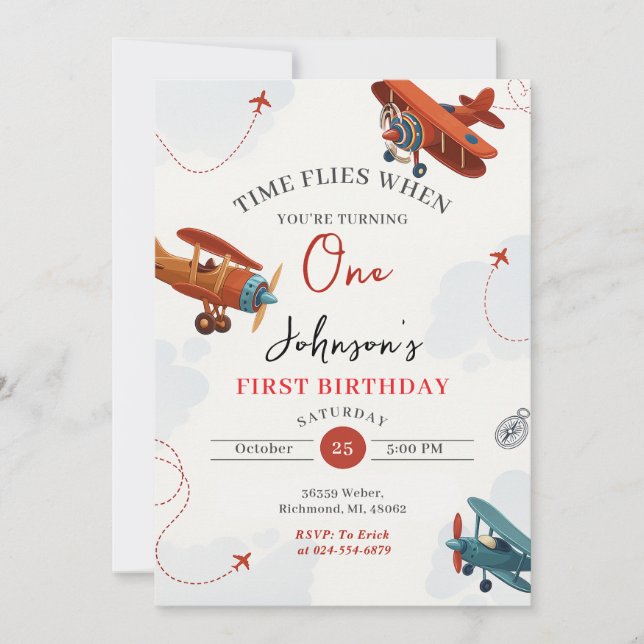 Personal Retro Airplane first Birthday party Invitation (Front)