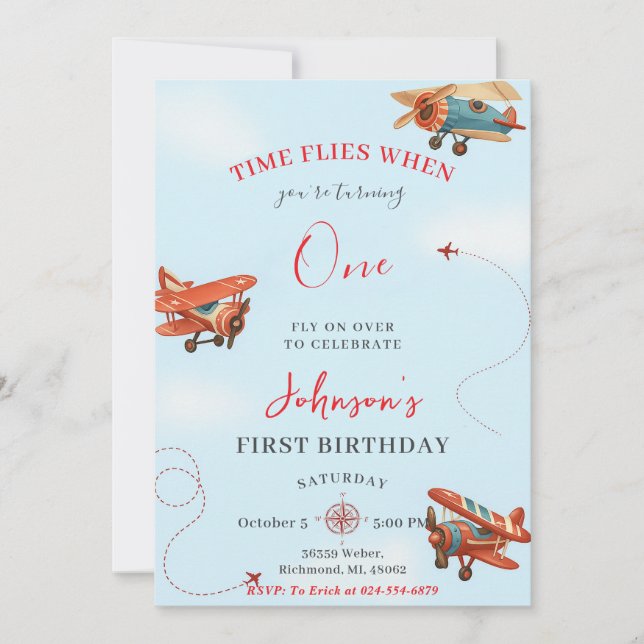 Personal Retro Airplane first Birthday party Invitation (Front)