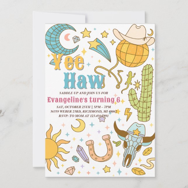 Personal Retro Space Yee Haw Cowgirl Birthday  Invitation (Front)
