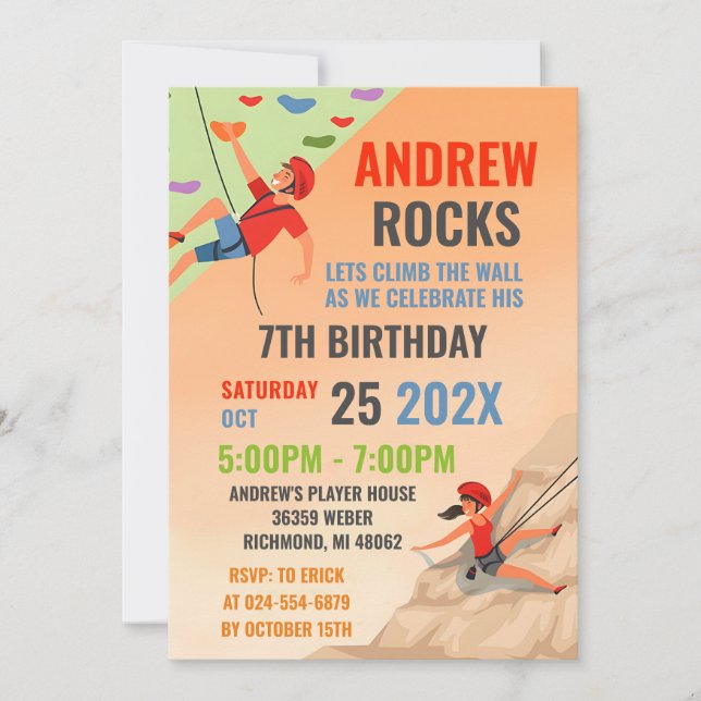 Personal Rock Climbing Birthday Party Invitation (Front)