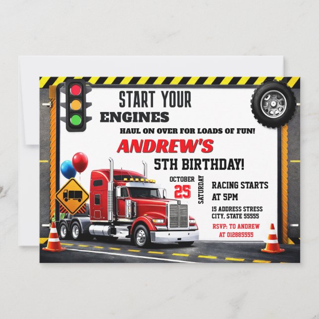 Personal Semi Truck Birthday Invitation for boy (Front)
