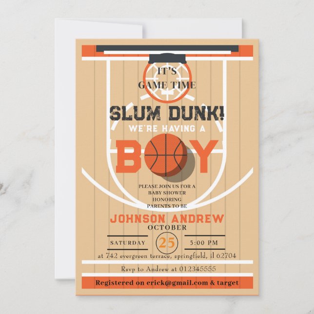 Personal Slumdunk Basketball Baby Shower  Invitation (Front)
