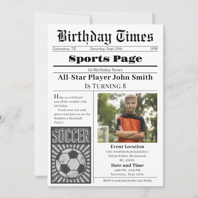 Personal Soccer Birthday Invitation With Photo (Front)