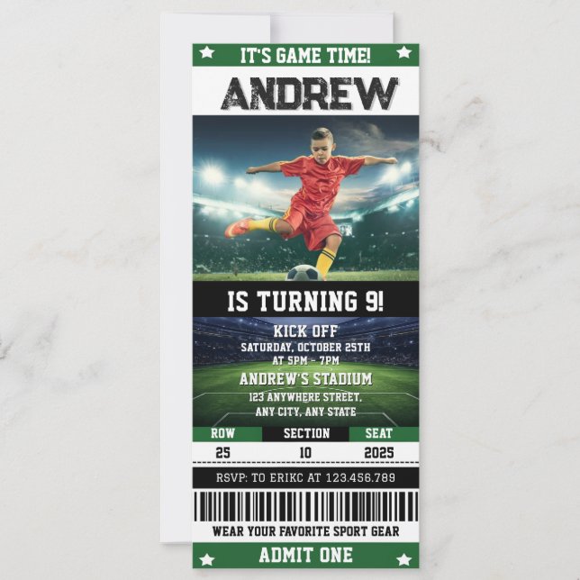 Personal Soccer Ticket Birthday with Photo Invitation (Front)