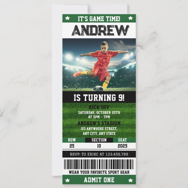 Personal Soccer Ticket Birthday with Photo Invitation (Front)