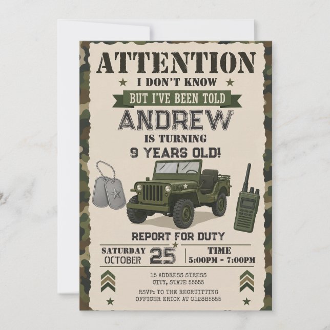 Personal Soldier Army birthday party Invitation (Front)