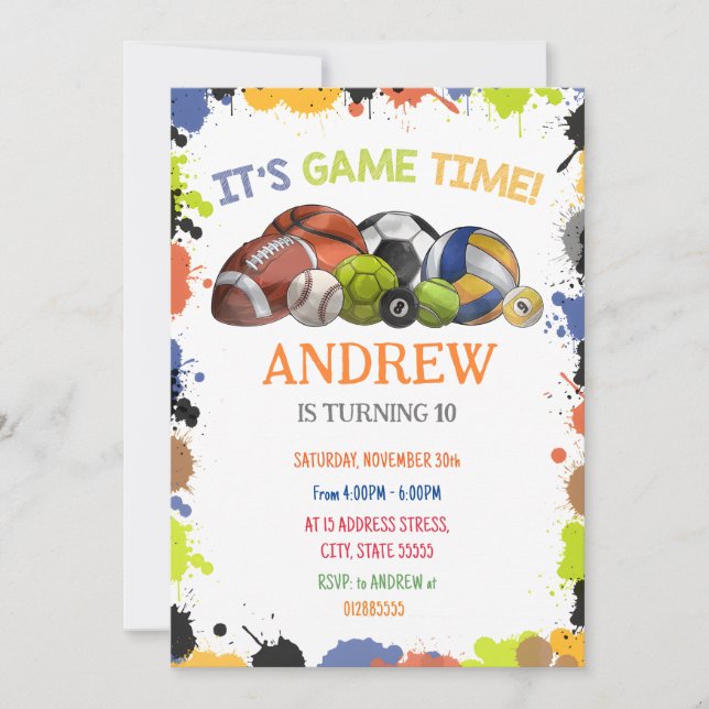 Personal Sports Birthday Printable Invitation (Front)