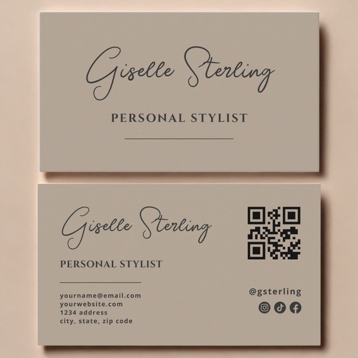 Personal Stylist Neutral Taupe Script QR Code Business Card