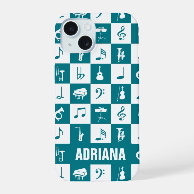 Personal teal and white music notes instruments iphone case (Back)