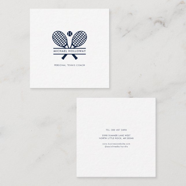 Personal Tennis Coach Minimalist White Square Business Card (Front/Back)