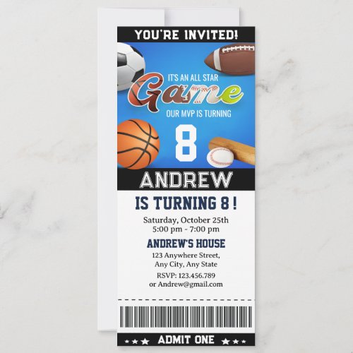 Personal THEME All Star Sports Ticket Birthday Invitation