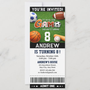 Personal THEME All Star Sports Ticket Birthday Invitation