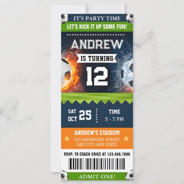 Personal Ticket Soccer Birthday Invitation for boy (Front)