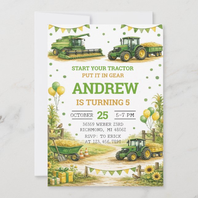 Personal Tractor Birthday Invitation (Front)
