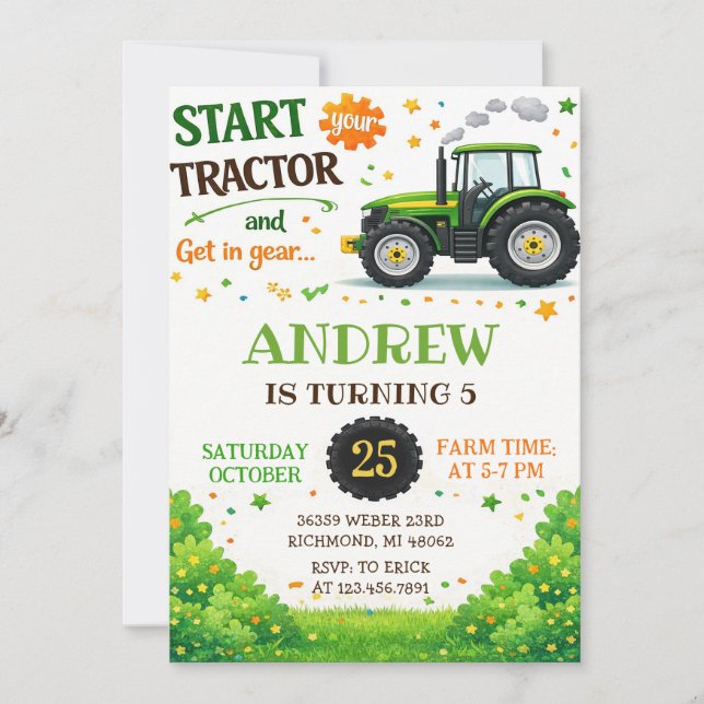 Personal Tractor Birthday party Invitation (Front)