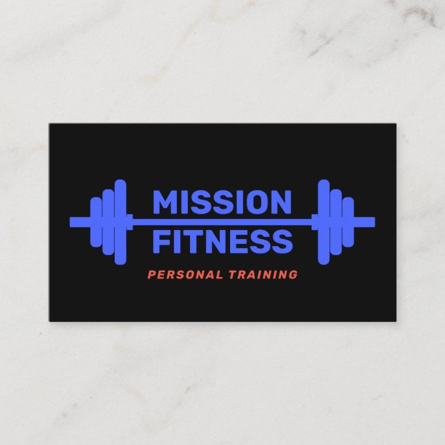 Personal Trainer Blue Barbell Fitness Black Business Card (Front)