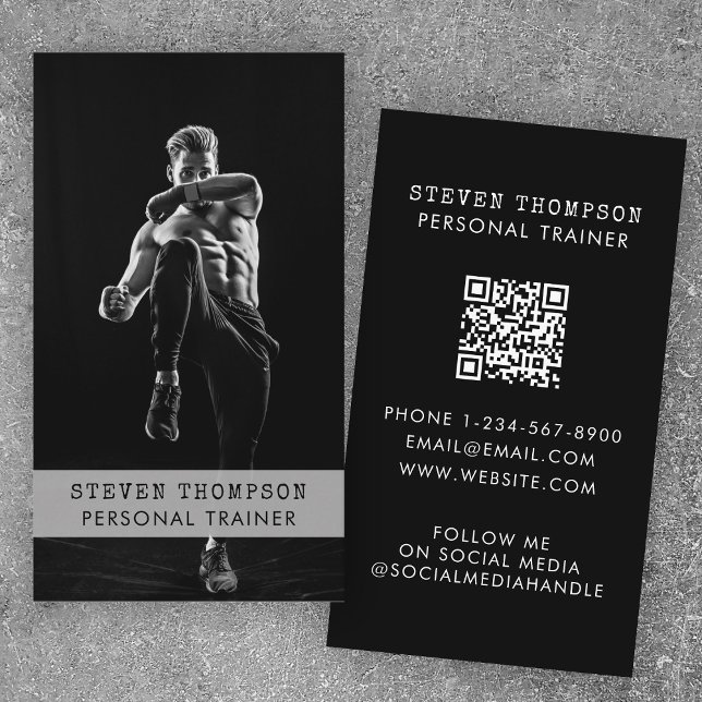 Personal Trainer Fitness Athlete Black White Photo Business Card (Personal Trainer Fitness Athlete Black White Photo Business Card)