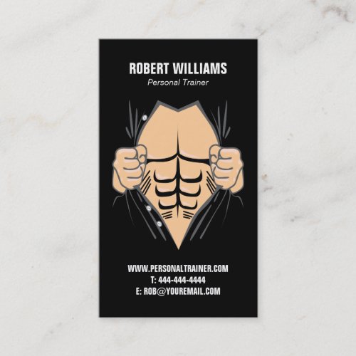 Personal Trainer & Fitness Business Card - Modern personal trainer business cards with a stylish black background, mans hands ripping his shirt open to reveal a toned six pack body, and your contact details.