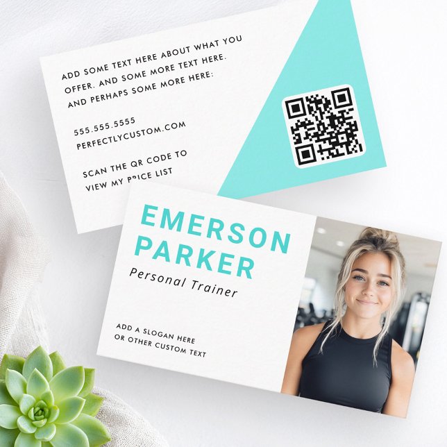 Personal trainer fitness coach photo aqua blue business card (Personal trainer fitness coach photo aqua blue business card)