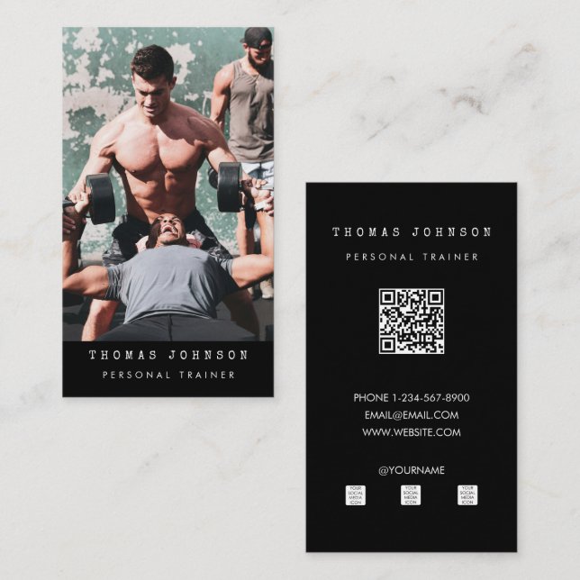 Personal Trainer Fitness Photo QR Code Black Business Card (Front/Back)