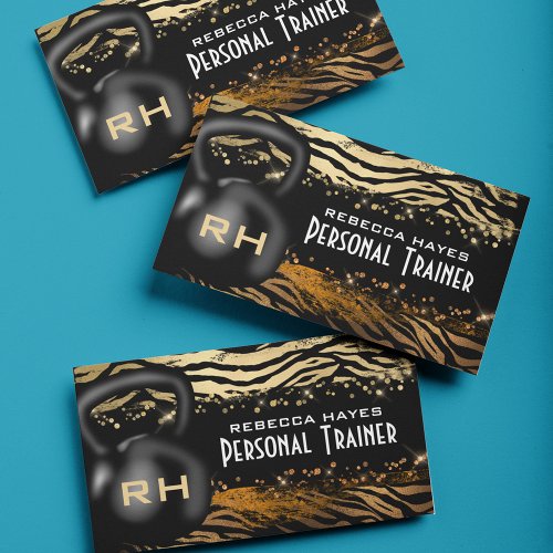 Personal Trainer Girly Black  Gold Tiger Print Business Card