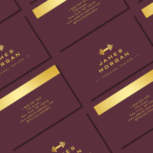 Personal Trainer Gold Dumbbell burgundy Business Card