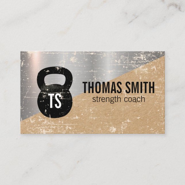 Personal Trainer Kettle Bell Metallic Grunge Business Card (Front)