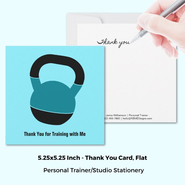 Personal Trainer Kettlebell Black Blue Thank You Note Card (Personal Trainer Kettlebell Black Blue Thank You Note Card, 5.25x5.25 Inch)