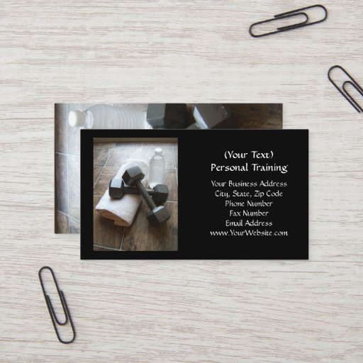 Customizable Personal Trainer or Fitness Dumbells Towel &amp; Water Business Card Templates