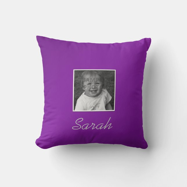 Personal Two Custom Photos Custom Text on Purple Throw Pillow (Front)