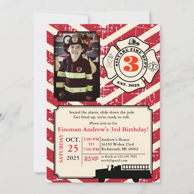 Personal Vintage Fireman Birthday with photo  Invitation (Front)