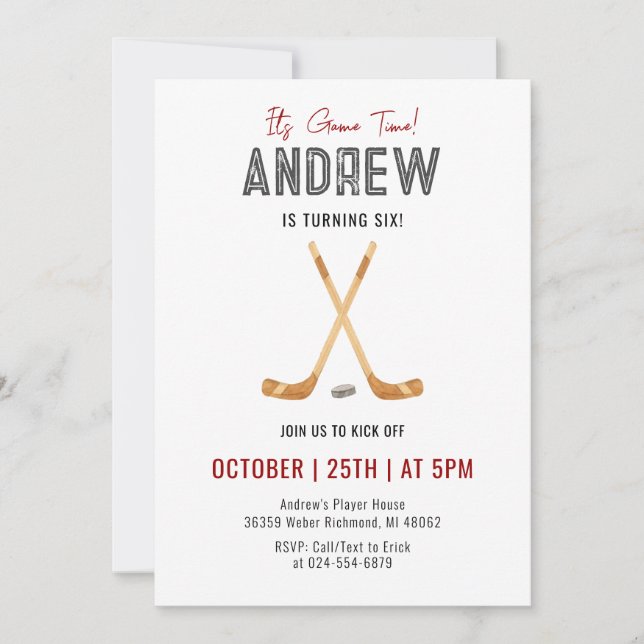 Personal Watercolor Hockey Birthday Party Invitation (Front)
