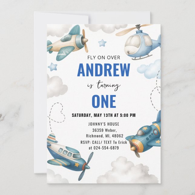 PersonalAirplane 1st Birthday party for boy Invita Invitation (Front)