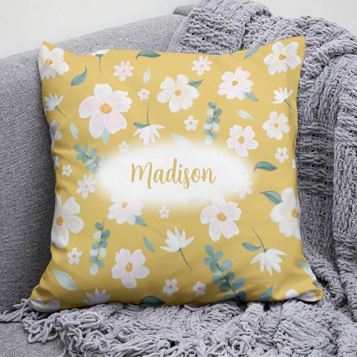 Personalied yellow  white watercolor flowers throw pillow