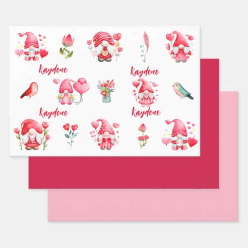 Personaliized Valentine Gnomes Set Assorted Flat  Wrapping Paper Sheets