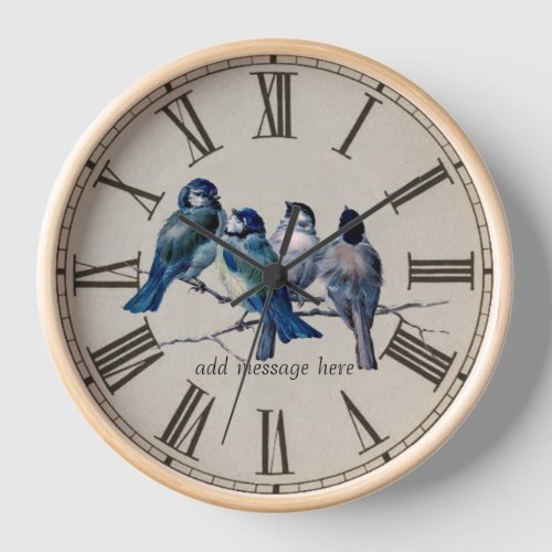 Personalise a stunning vintage art bluebirds clock