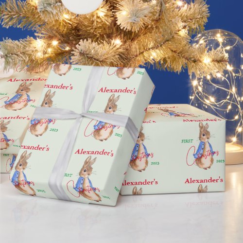 Personalise Childs name Peter the Rabbit 1st Xmas Wrapping Paper