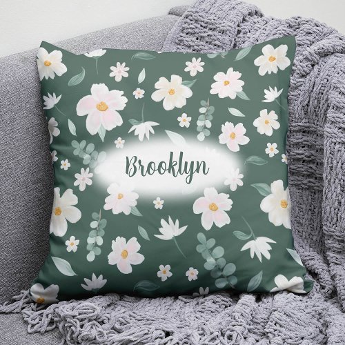 Personalise green and white watercolor floral throw pillow