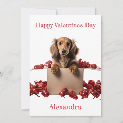 Personalise Long Hair Dachshund Pup Valentine Holiday Card