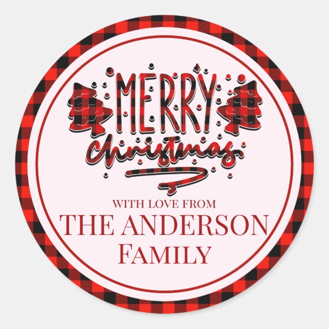 Personalise Merry Christmas buffalo red plaid Classic Round Sticker (Front)
