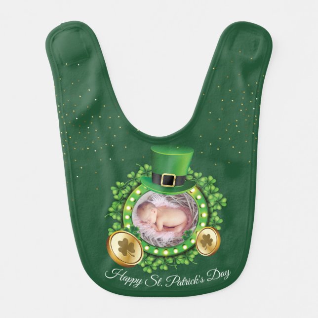 Personalise Name And Photo St. Patrick's Day Green Baby Bib (Front)