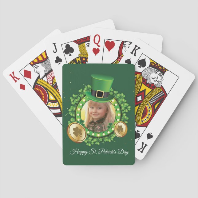 Personalise Name And Photo St. Patrick's Day Green Poker Cards (Back)
