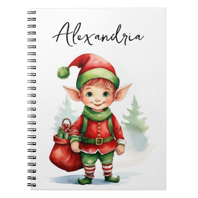 Personalise Name Christmas elf with sack of gifts Notebook (Front)