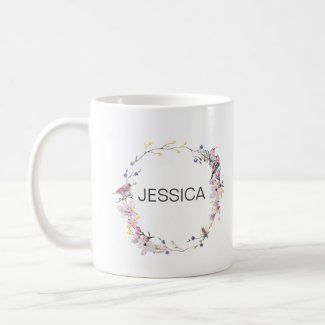 Personalise Name Elegant Birds Pink Floral Wreath 